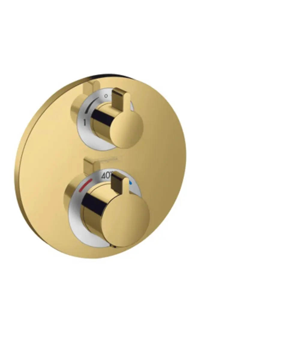 Thermostatsteuerung mit zwei drehbaren Reglern in polierter Gold-Optik von Hansgrohe, montiert auf einer runden Wandplatte. Datumsanzeige in Celsius und Temperaturmarkierungen vorhanden.